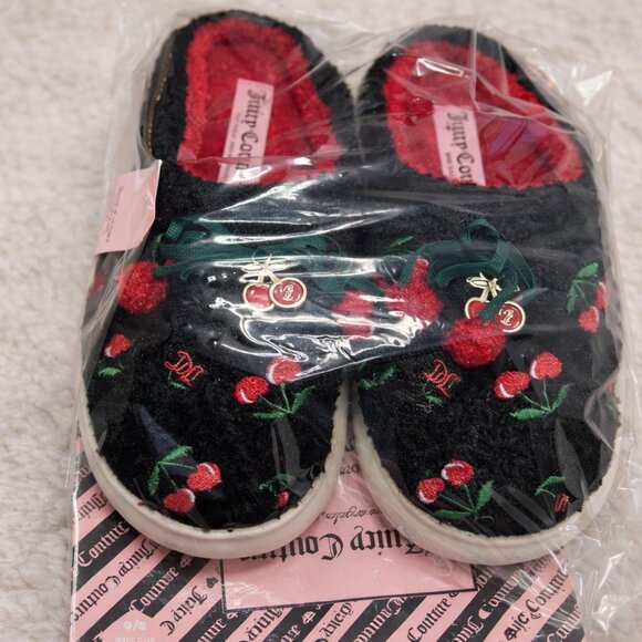 NWT Juicy Couture Cherry Slippers Black Fuzzy Slip On Pom Pom Bow Size S 5/6 - Picture 2 of 5